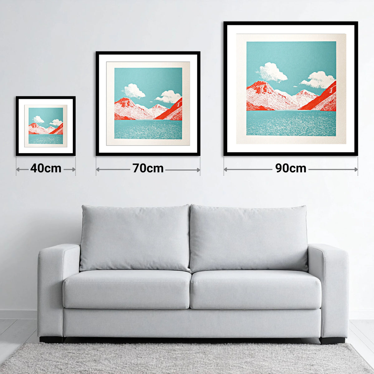 Wasdale Fells in Vivid Red - size guide showing 40cm, 70cm and 90cm art prints