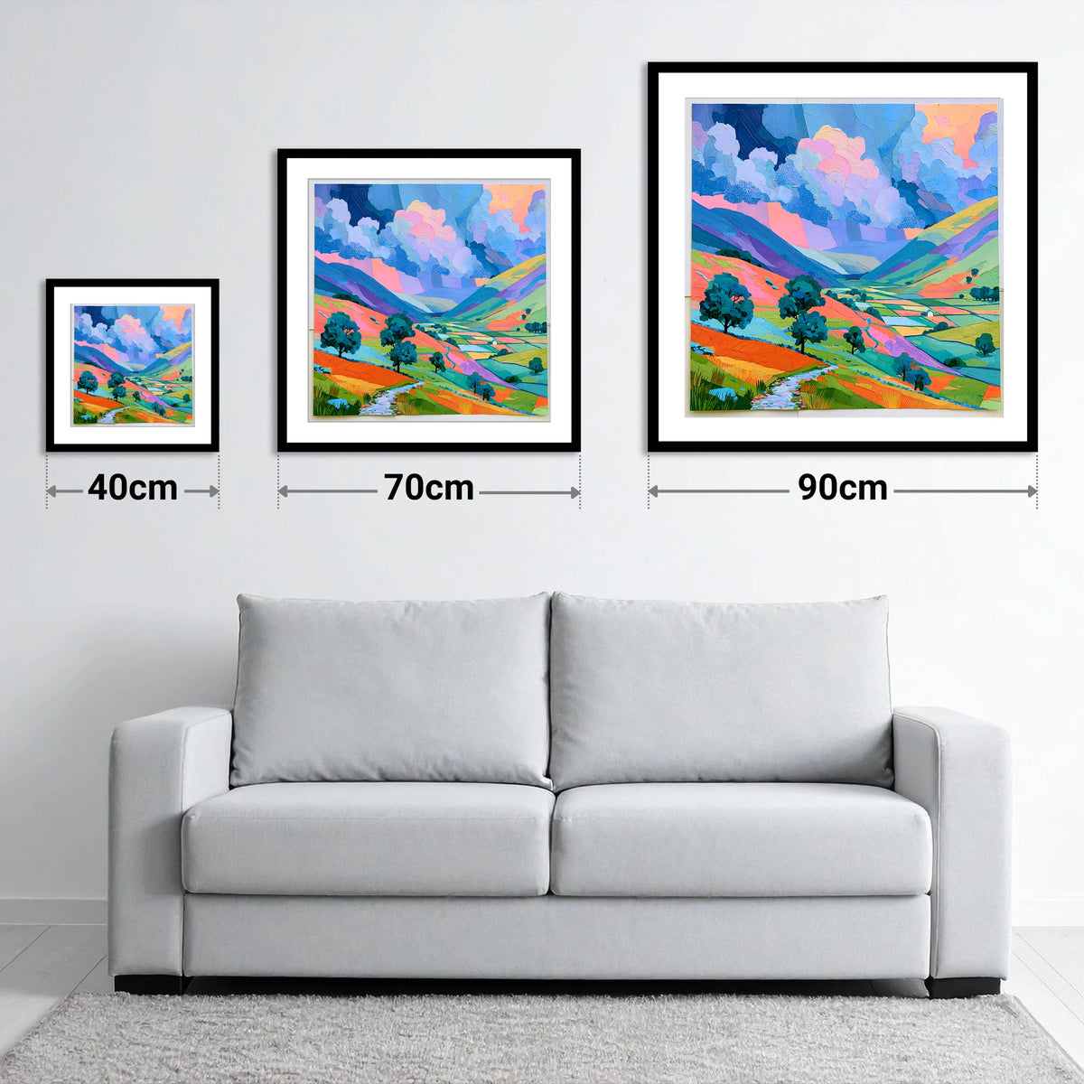 Vivid Storm Clouds Over Fells - size guide showing 40cm, 70cm and 90cm art prints