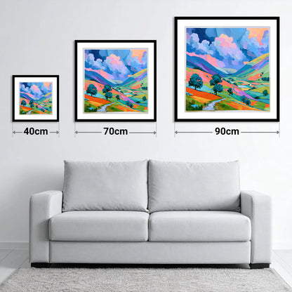 Vivid Storm Clouds Over Fells - size guide showing 40cm, 70cm and 90cm art prints