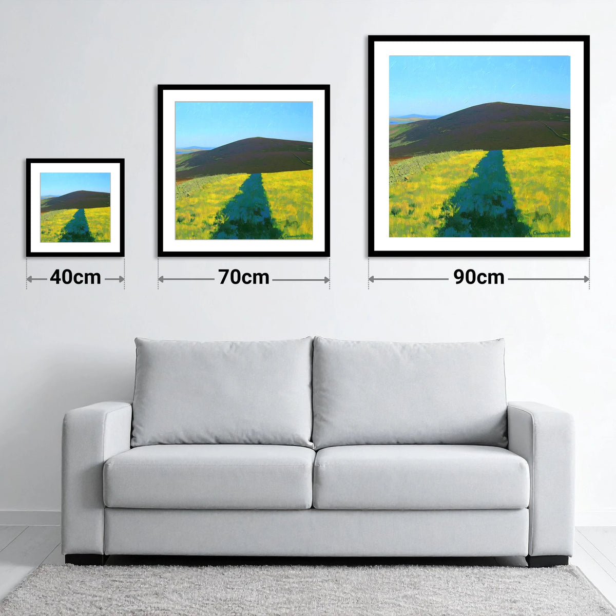 Vibrant Track To Great Calva - size guide showing 40cm, 70cm and 90cm art prints