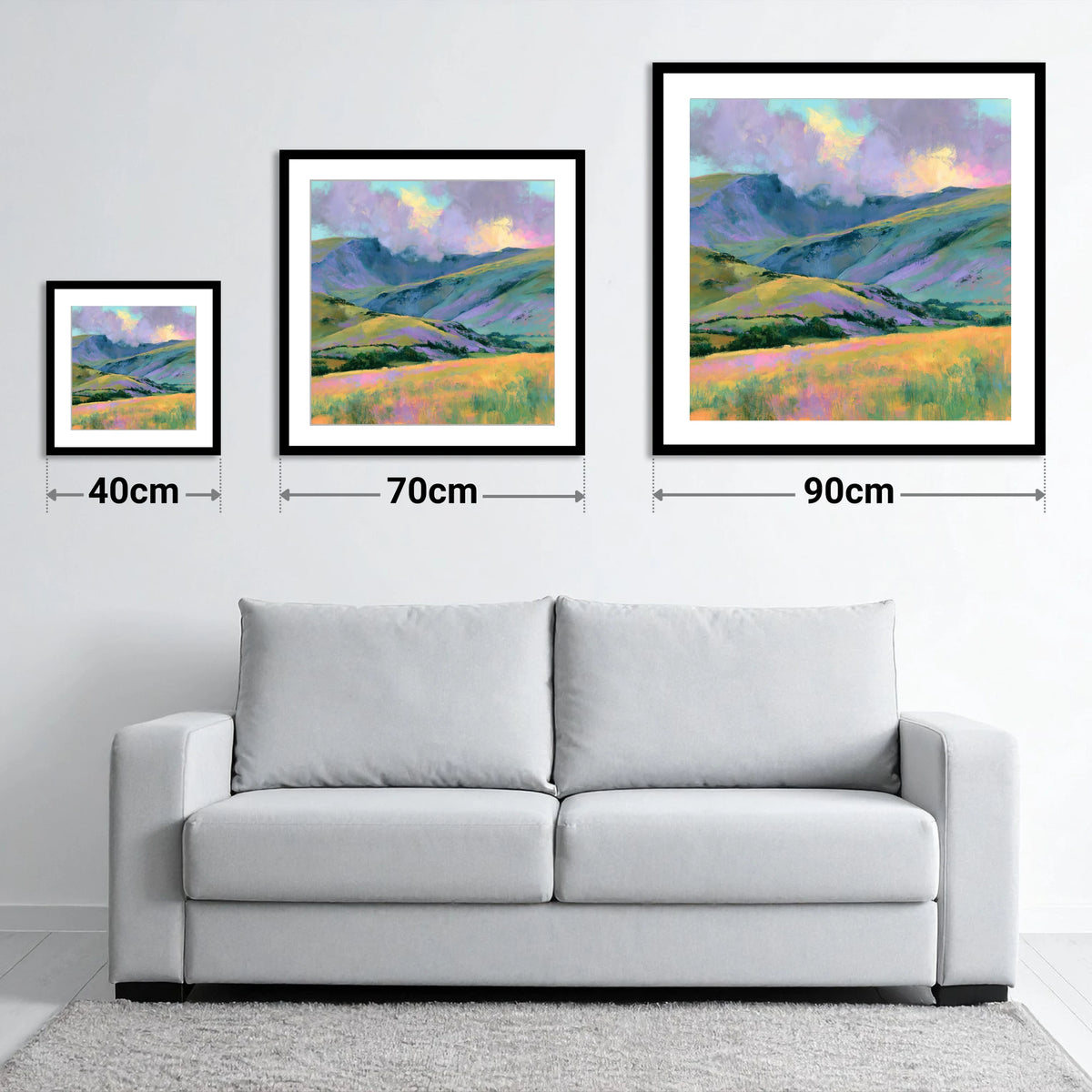 Lavender and Gold Rolling Fells - size guide showing 40cm, 70cm and 90cm art prints