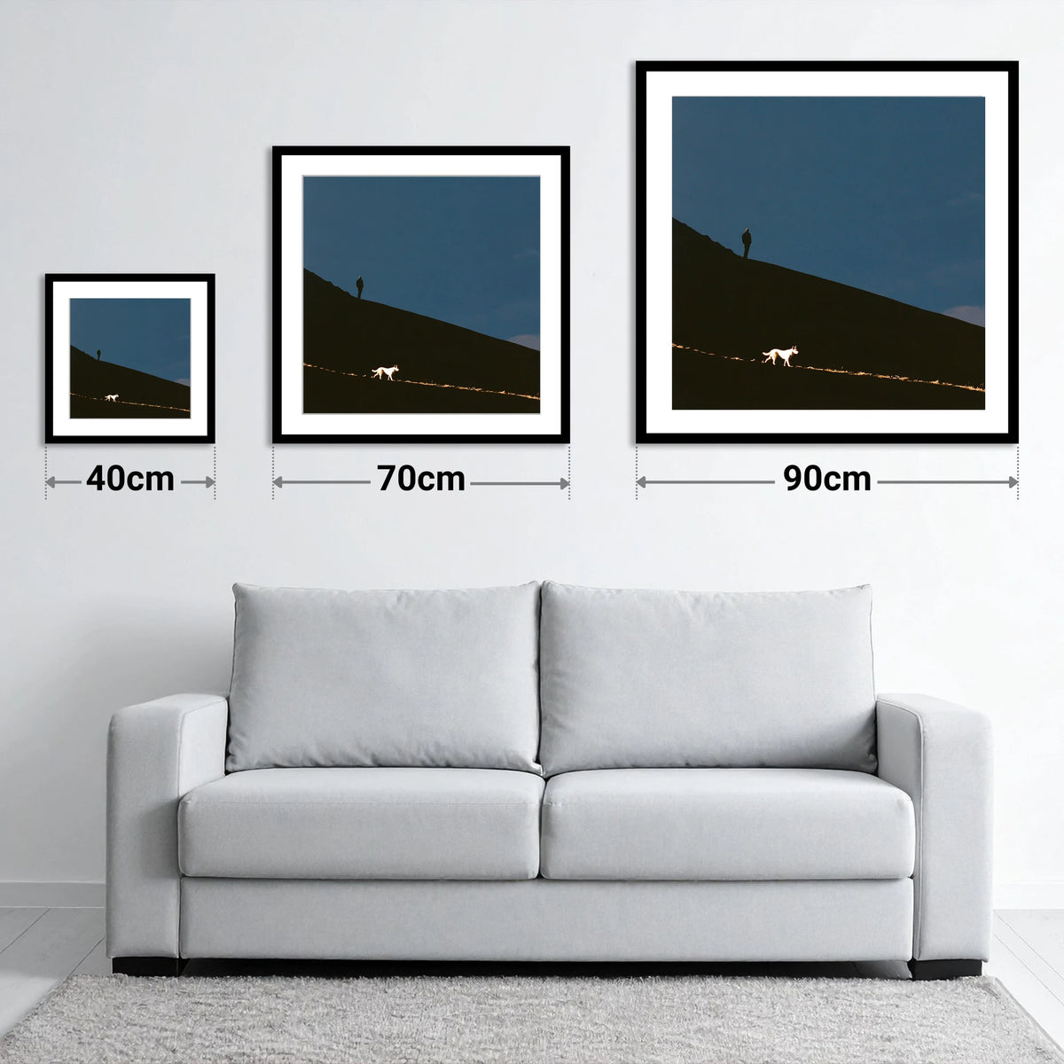 Skiddaw Silhouette Walker and Dog - size guide showing 40cm, 70cm and 90cm art prints