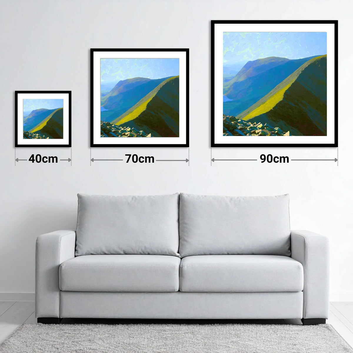 Sunlight on Whiteside Ridge - size guide showing 40cm, 70cm and 90cm art prints