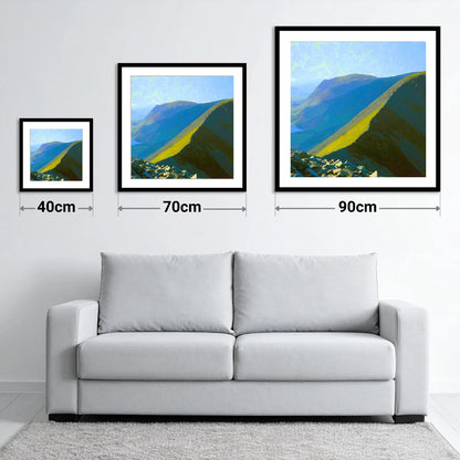 Sunlight on Whiteside Ridge - size guide showing 40cm, 70cm and 90cm art prints