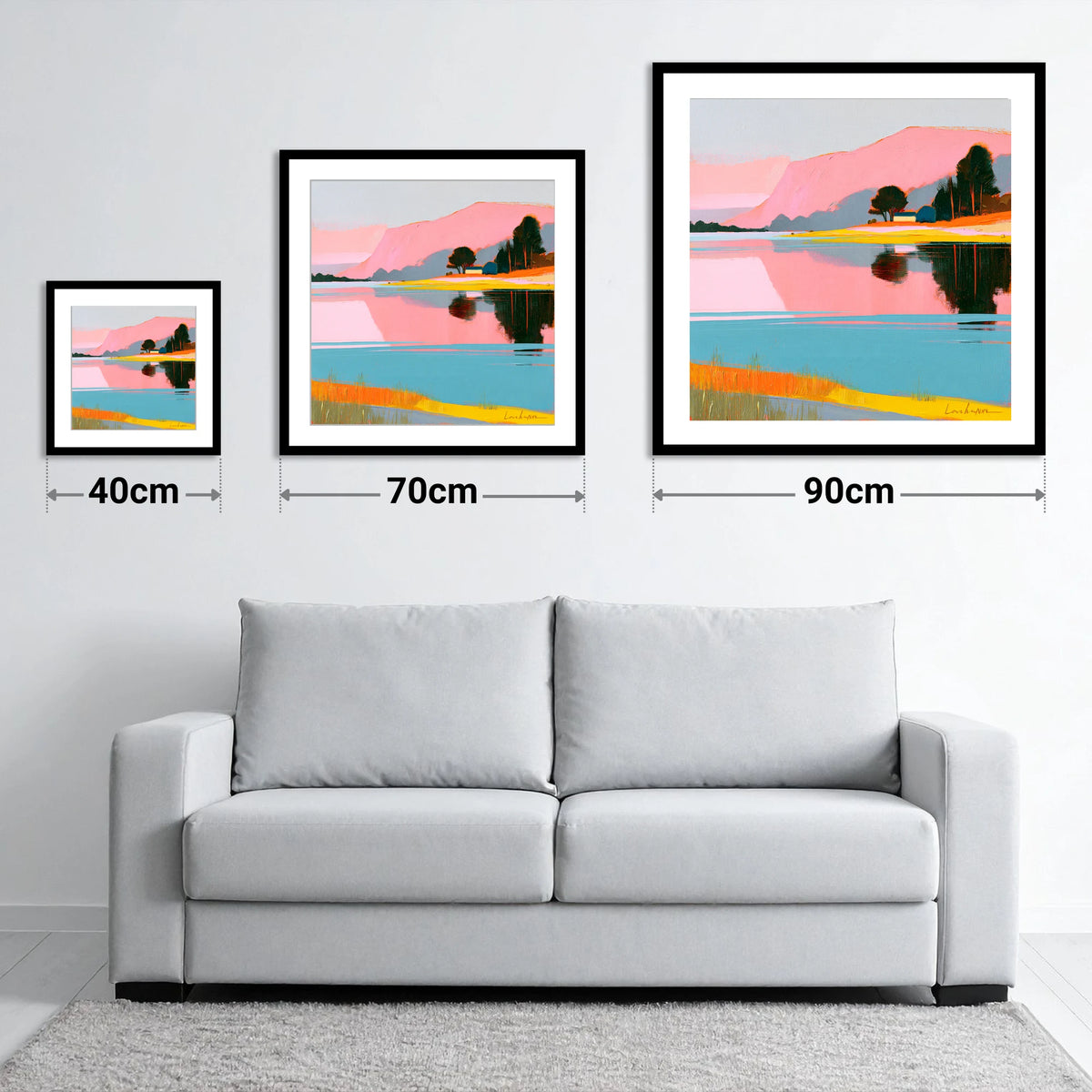 Still Lake and Pink Fells - size guide showing 40cm, 70cm and 90cm art prints