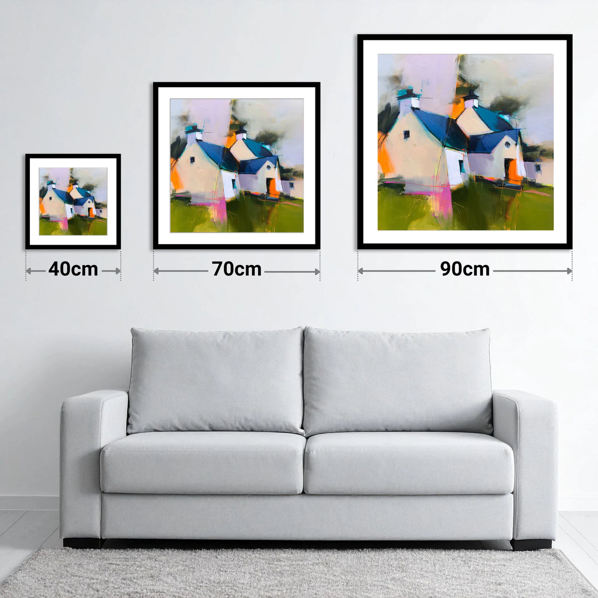 Colourful Slate Roofed Cottages - size guide showing 40cm, 70cm and 90cm art prints
