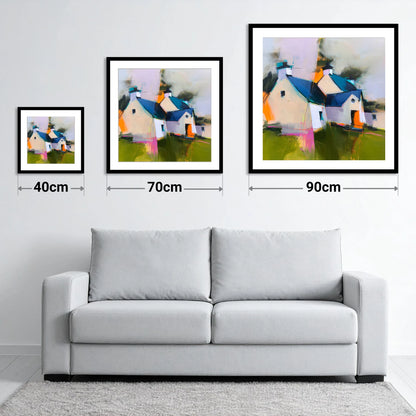Colourful Slate Roofed Cottages - size guide showing 40cm, 70cm and 90cm art prints