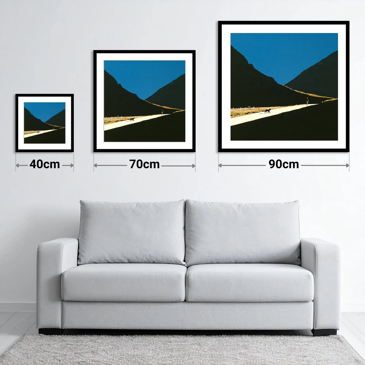 Silhouettes on Sunlit Wasdale Path - size guide showing 40cm, 70cm and 90cm art prints