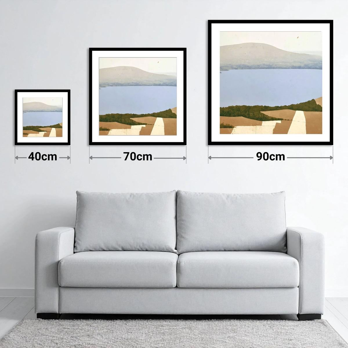 Bassenthwaite Lake in Muted Tones - size guide showing 40cm, 70cm and 90cm art prints