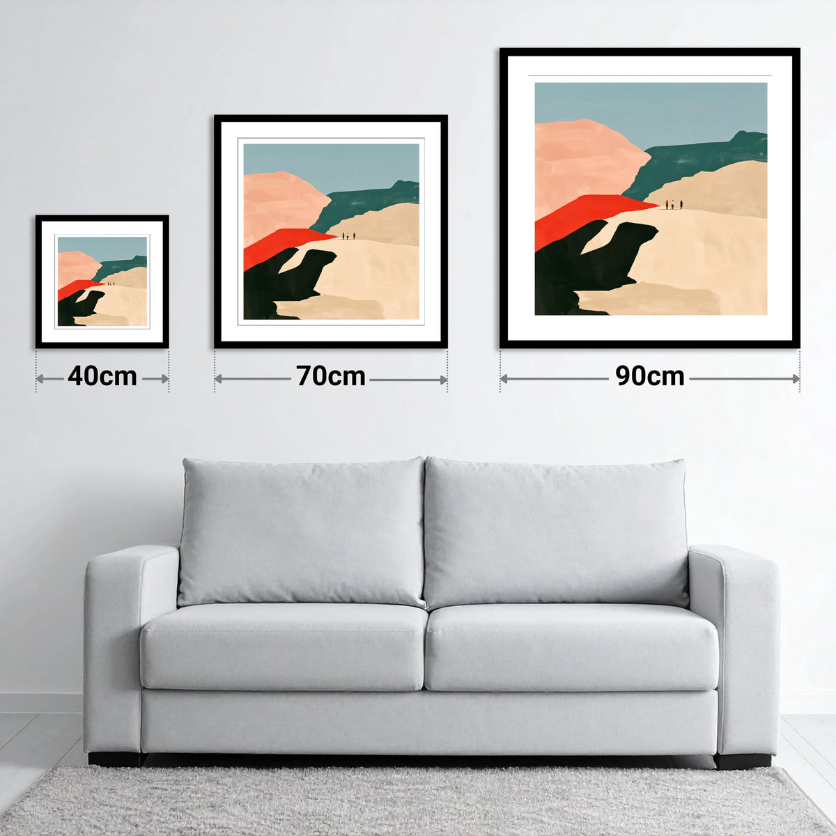 Bold Fell Ridge with Hikers - size guide showing 40cm, 70cm and 90cm art prints