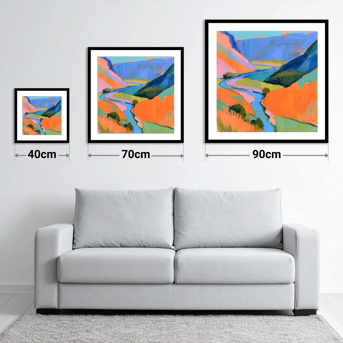 Bold Winding River Valley - size guide showing 40cm, 70cm and 90cm art prints