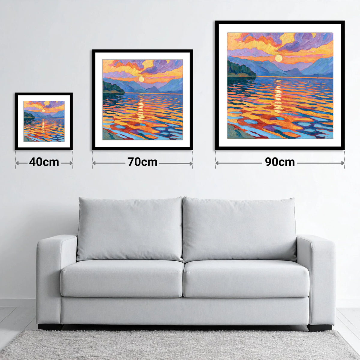 Vibrant Sunset Over Lake Water - size guide showing 40cm, 70cm and 90cm art prints