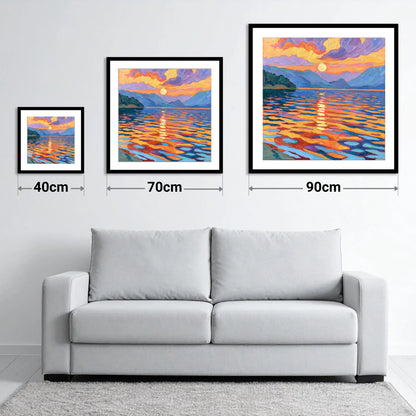 Vibrant Sunset Over Lake Water - size guide showing 40cm, 70cm and 90cm art prints