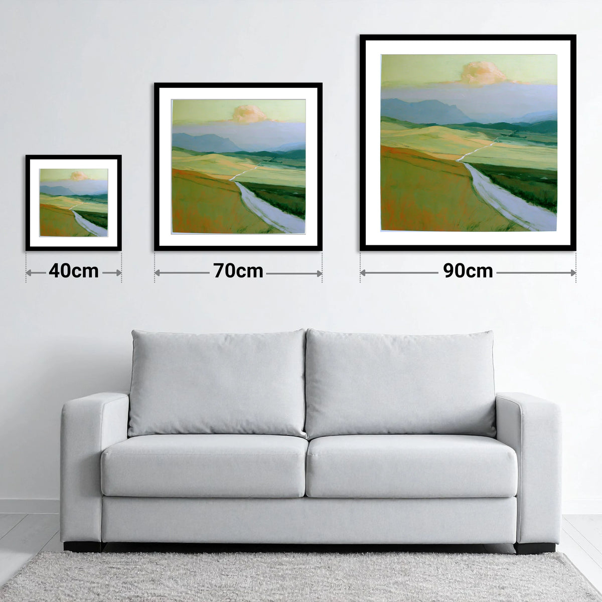 Winding Path Through Rolling Fells - size guide showing 40cm, 70cm and 90cm art prints