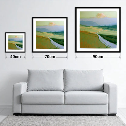 Winding Path Through Rolling Fells - size guide showing 40cm, 70cm and 90cm art prints