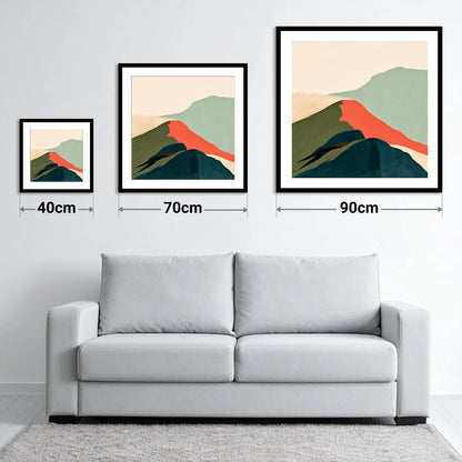 Bold Terracotta Mountain Ridge - size guide showing 40cm, 70cm and 90cm art prints