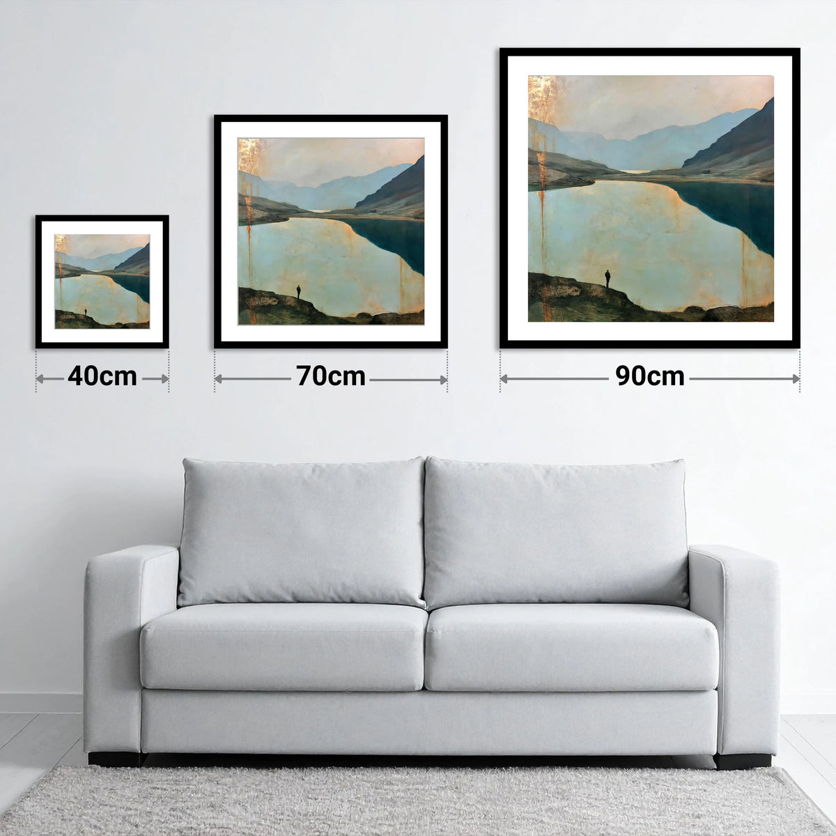 Silhouetted Walker at Innominate Tarn - size guide showing 40cm, 70cm and 90cm art prints