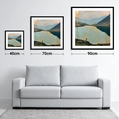 Silhouetted Walker at Innominate Tarn - size guide showing 40cm, 70cm and 90cm art prints