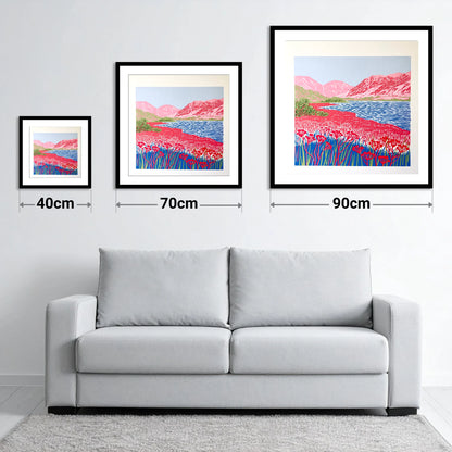 Vibrant Pink Fells at Ennerdale - size guide showing 40cm, 70cm and 90cm art prints