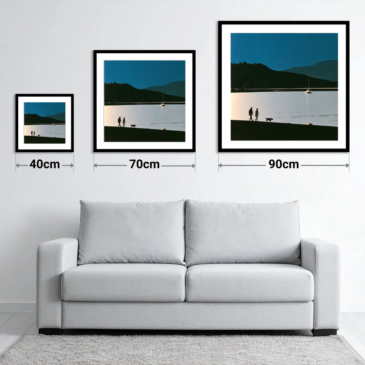 Windermere Dog Walk in Silhouette - size guide showing 40cm, 70cm and 90cm art prints