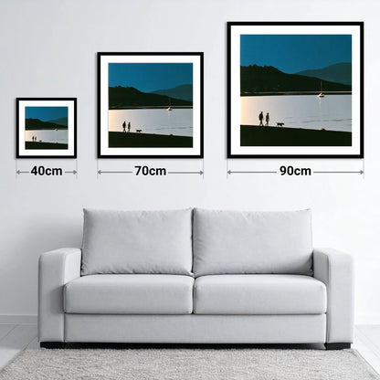 Windermere Dog Walk in Silhouette - size guide showing 40cm, 70cm and 90cm art prints