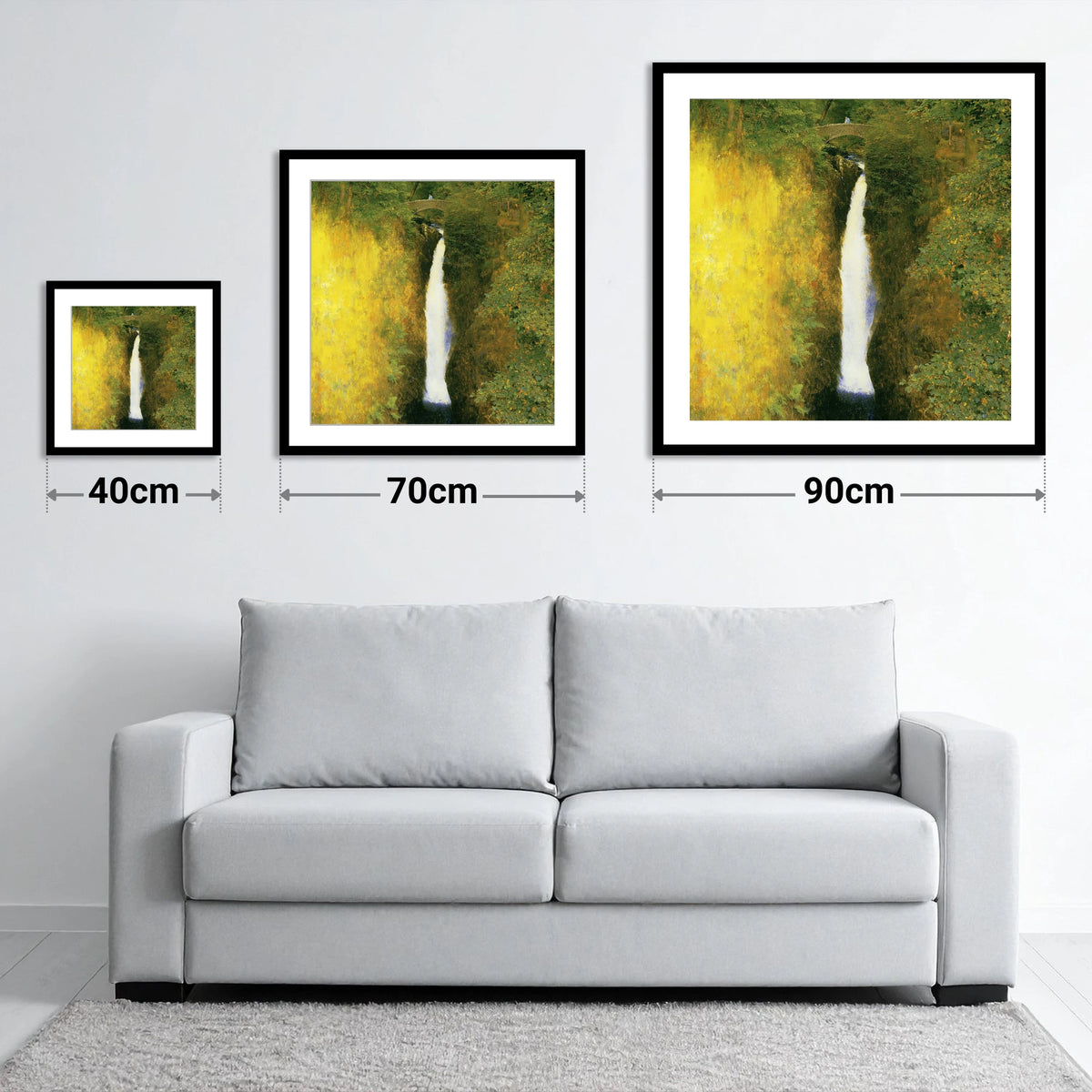 Aira Force Waterfall Sunlit Gorge - size guide showing 40cm, 70cm and 90cm art prints