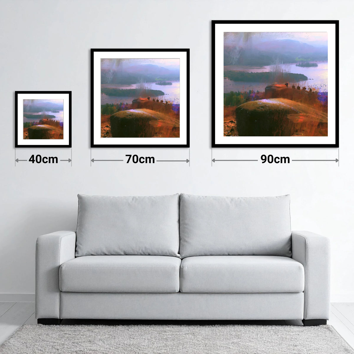 Misty Bowness from Brant Fell - size guide showing 40cm, 70cm and 90cm art prints