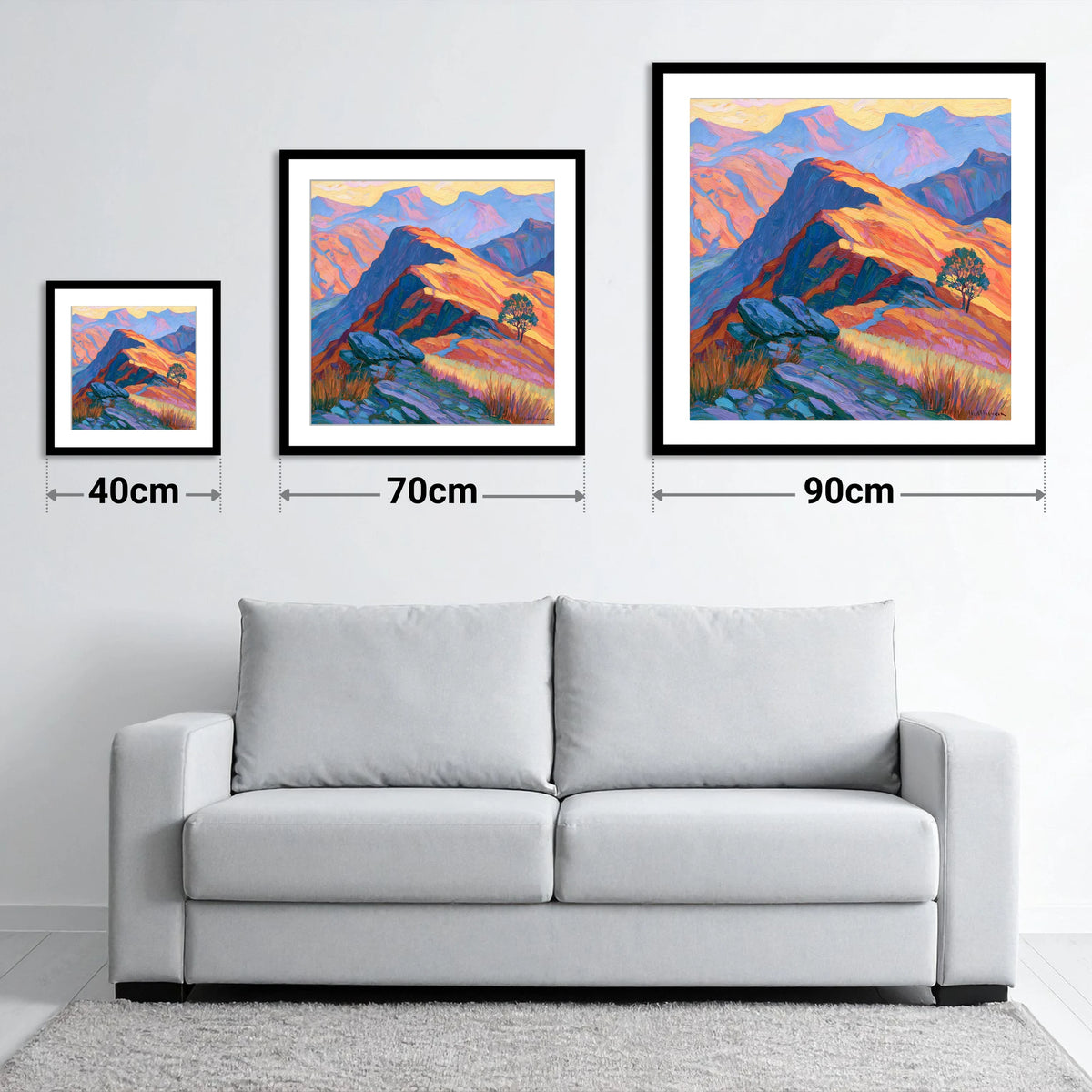 Vibrant Sunlit Mountain Ridge - size guide showing 40cm, 70cm and 90cm art prints