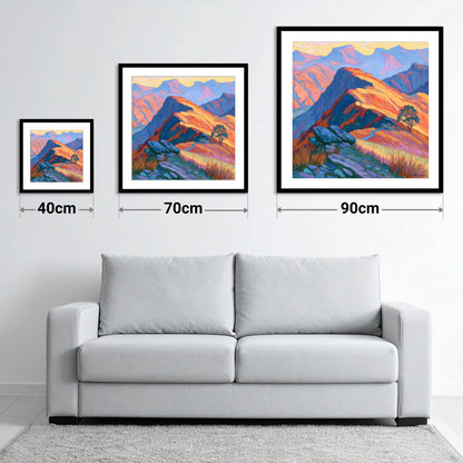 Vibrant Sunlit Mountain Ridge - size guide showing 40cm, 70cm and 90cm art prints