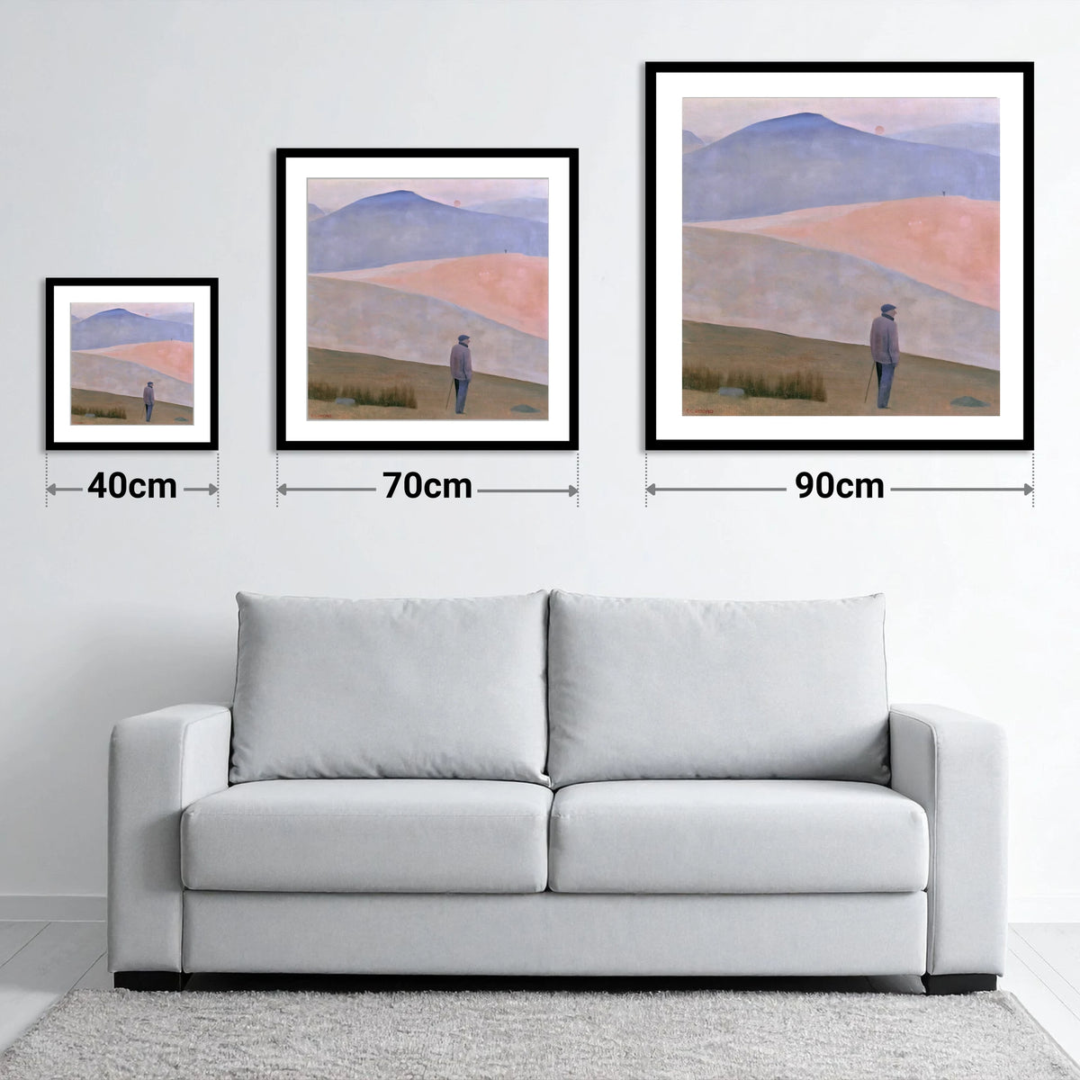 Lone Fell Walker at Dusk - size guide showing 40cm, 70cm and 90cm art prints