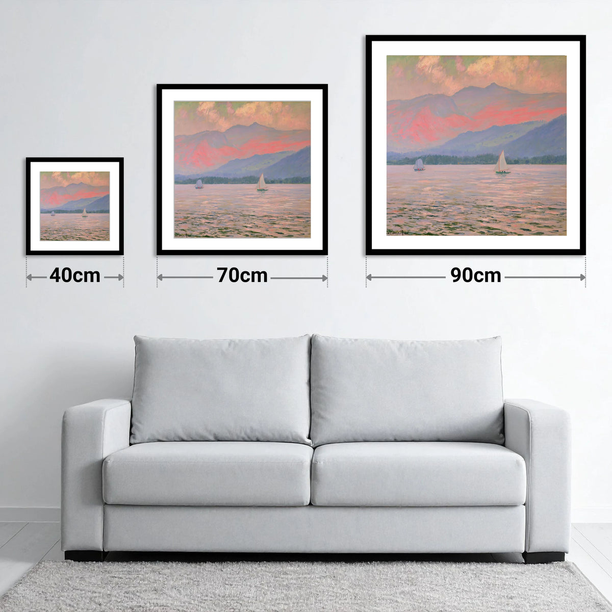 Windermere Sailboats In Rose Light - size guide showing 40cm, 70cm and 90cm art prints