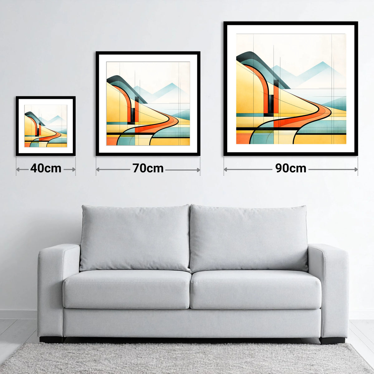 Geometric Golden Evening Fells - size guide showing 40cm, 70cm and 90cm art prints