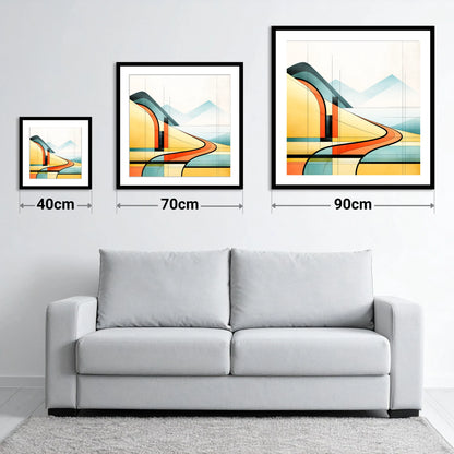 Geometric Golden Evening Fells - size guide showing 40cm, 70cm and 90cm art prints