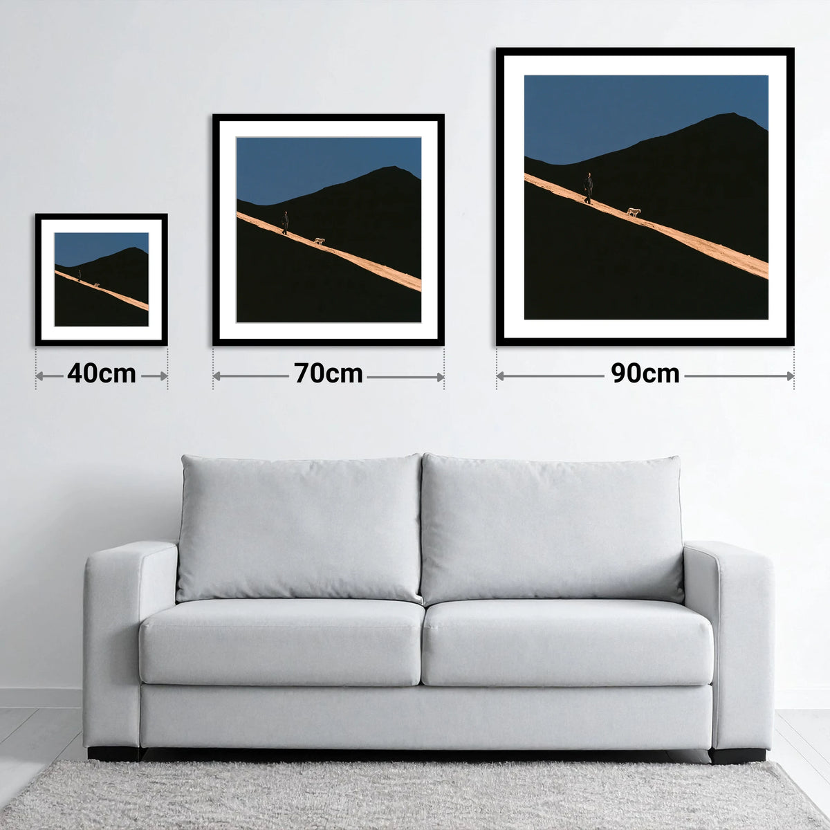 Dog Walker on Sunlit Skiddaw - size guide showing 40cm, 70cm and 90cm art prints
