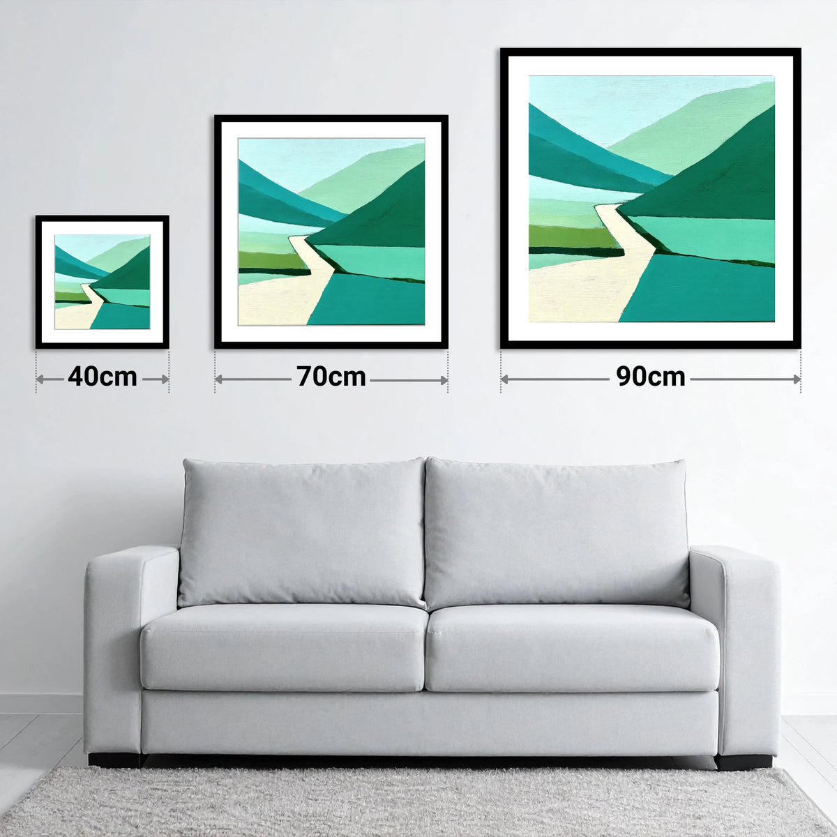 Abstract Teal Kirkstone Pass Fells - size guide showing 40cm, 70cm and 90cm art prints