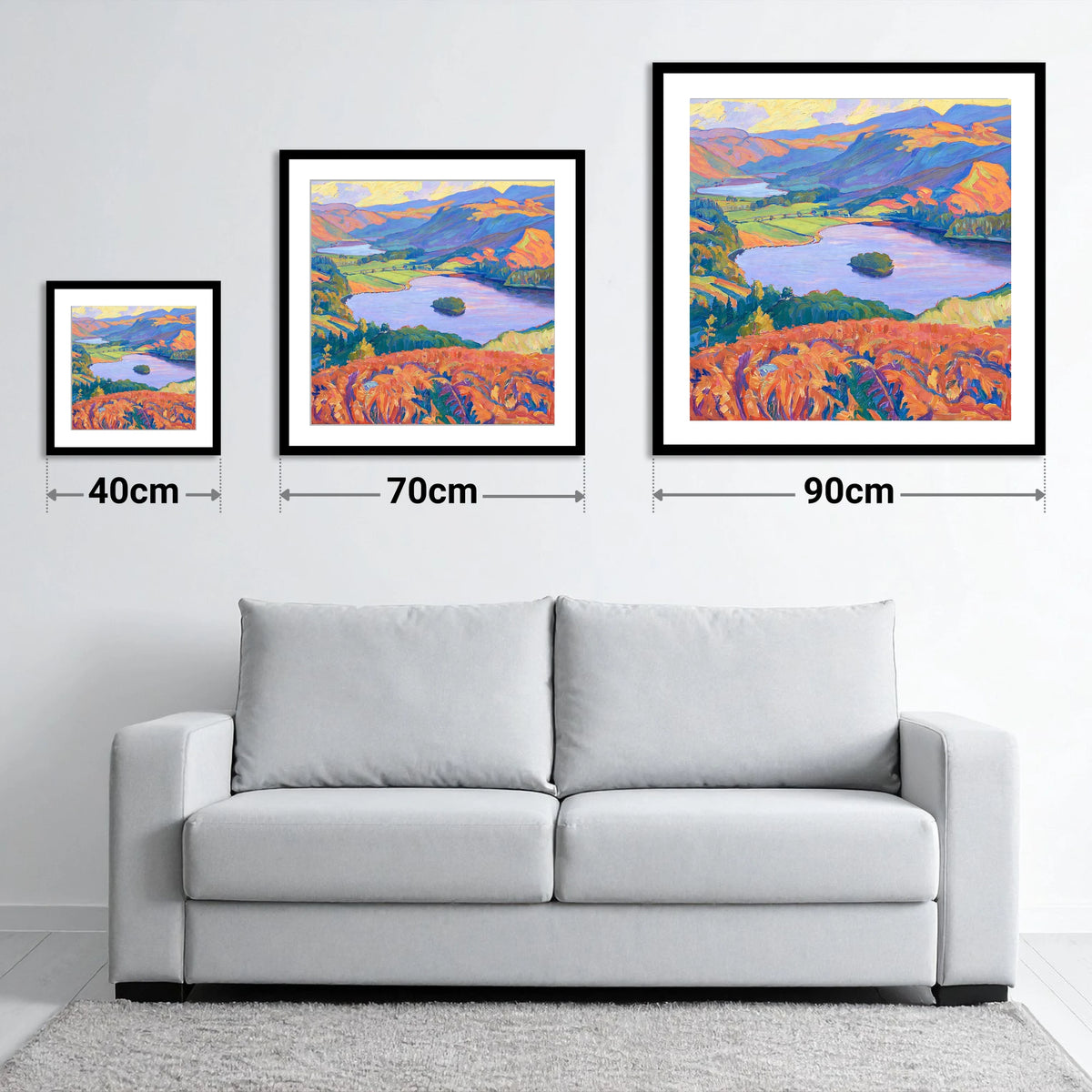 Vibrant Bracken Over Grasmere - size guide showing 40cm, 70cm and 90cm art prints