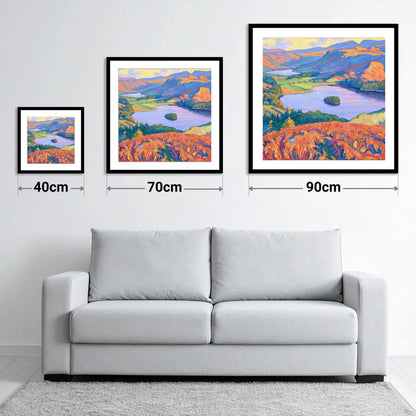 Vibrant Bracken Over Grasmere - size guide showing 40cm, 70cm and 90cm art prints