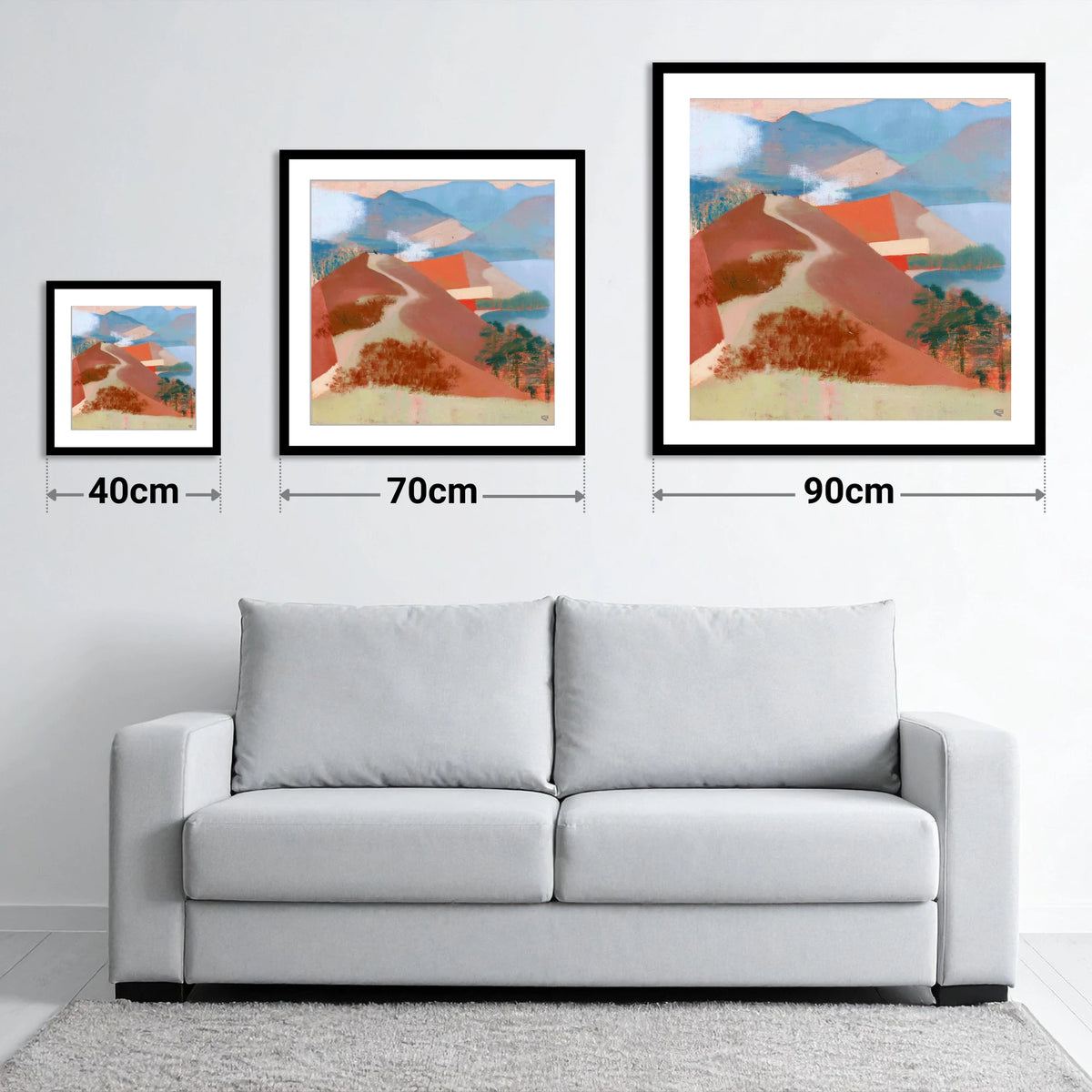 Terracotta Cat Bells Above Derwentwater - size guide showing 40cm, 70cm and 90cm art prints