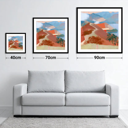 Terracotta Cat Bells Above Derwentwater - size guide showing 40cm, 70cm and 90cm art prints