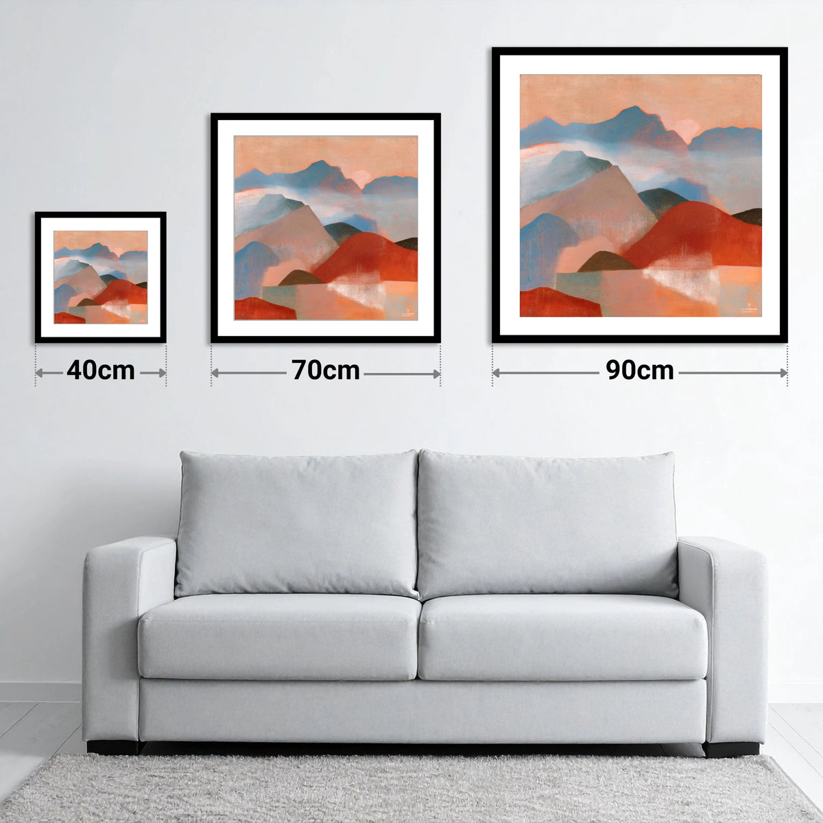 Terracotta and Blue Mountain Ridge - size guide showing 40cm, 70cm and 90cm art prints