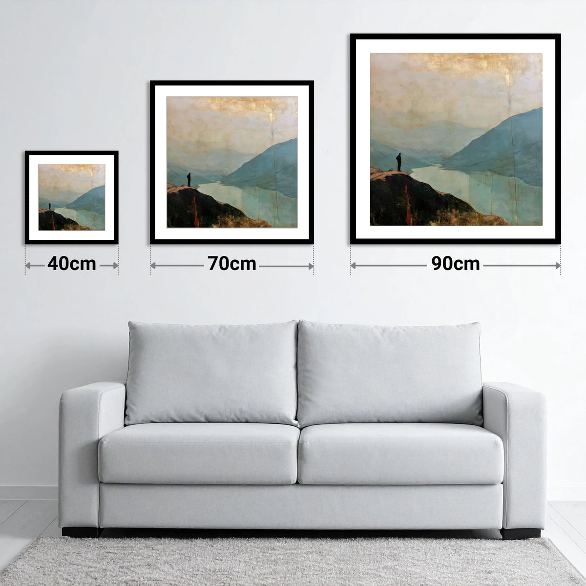 Atmospheric Wasdale From Great Gable - size guide showing 40cm, 70cm and 90cm art prints