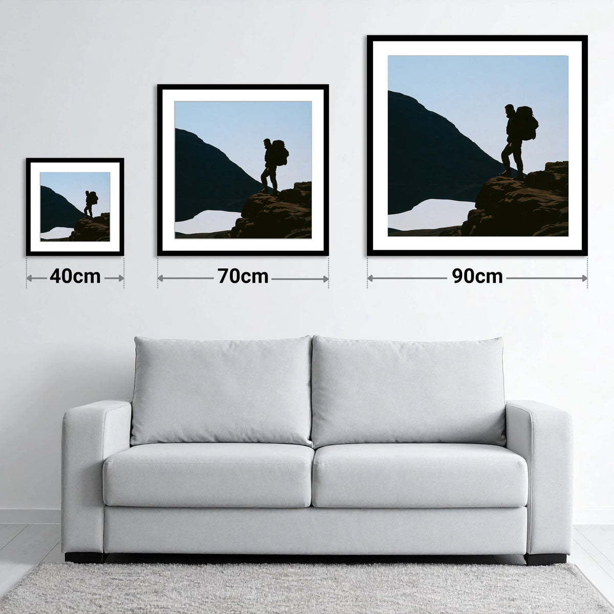 Helvellyn Walker in Silhouette - size guide showing 40cm, 70cm and 90cm art prints