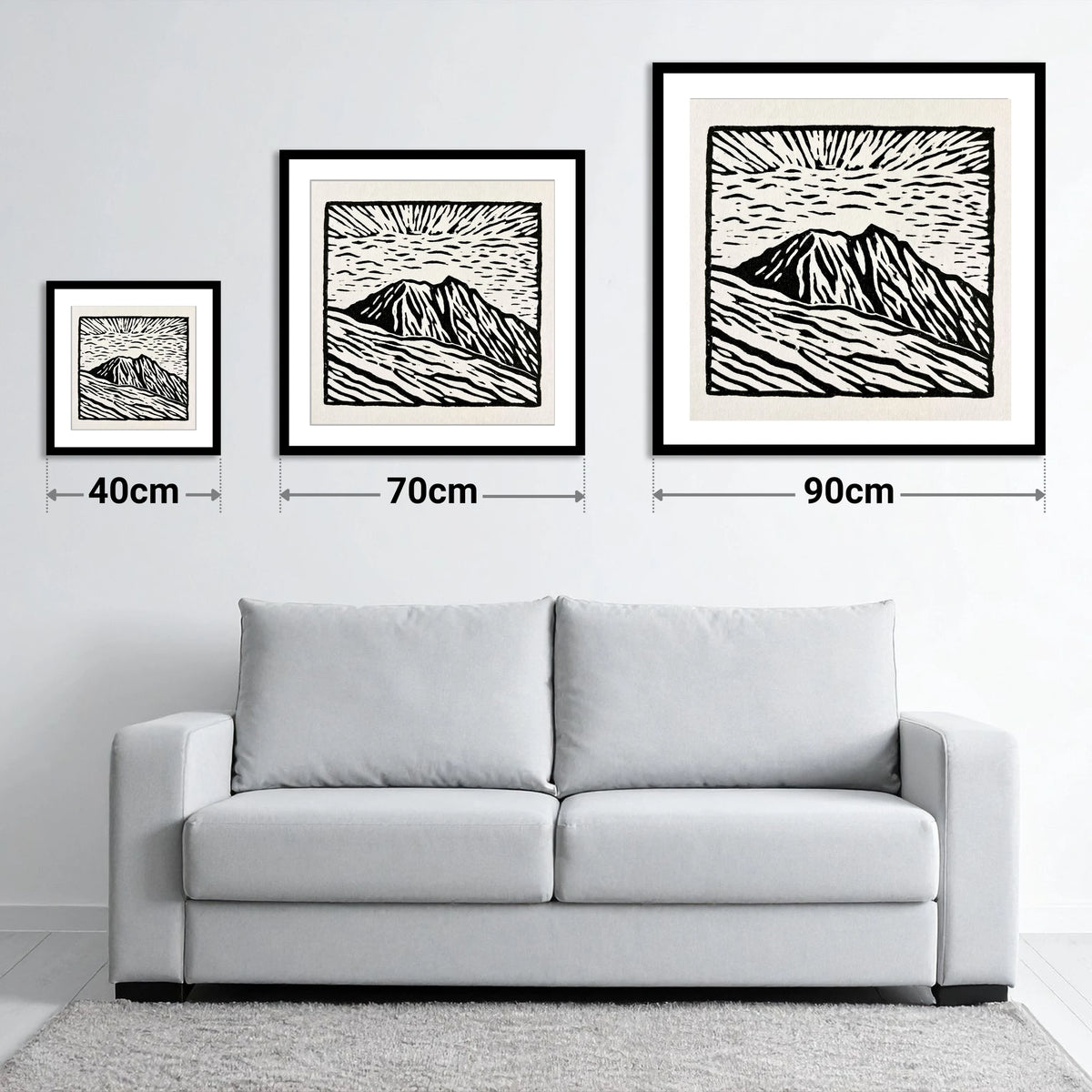 Monochromatic Helvellyn Sunburst - size guide showing 40cm, 70cm and 90cm art prints