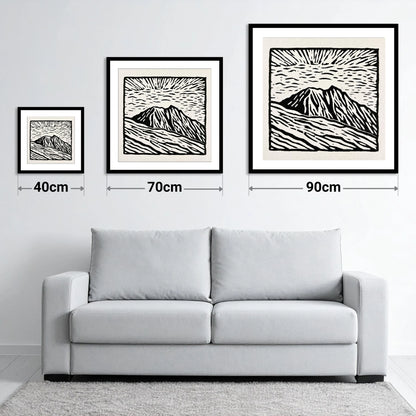Monochromatic Helvellyn Sunburst - size guide showing 40cm, 70cm and 90cm art prints