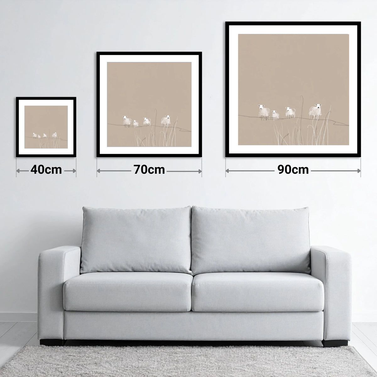 Delicate Herdwick Sheep on Fellside - size guide showing 40cm, 70cm and 90cm art prints