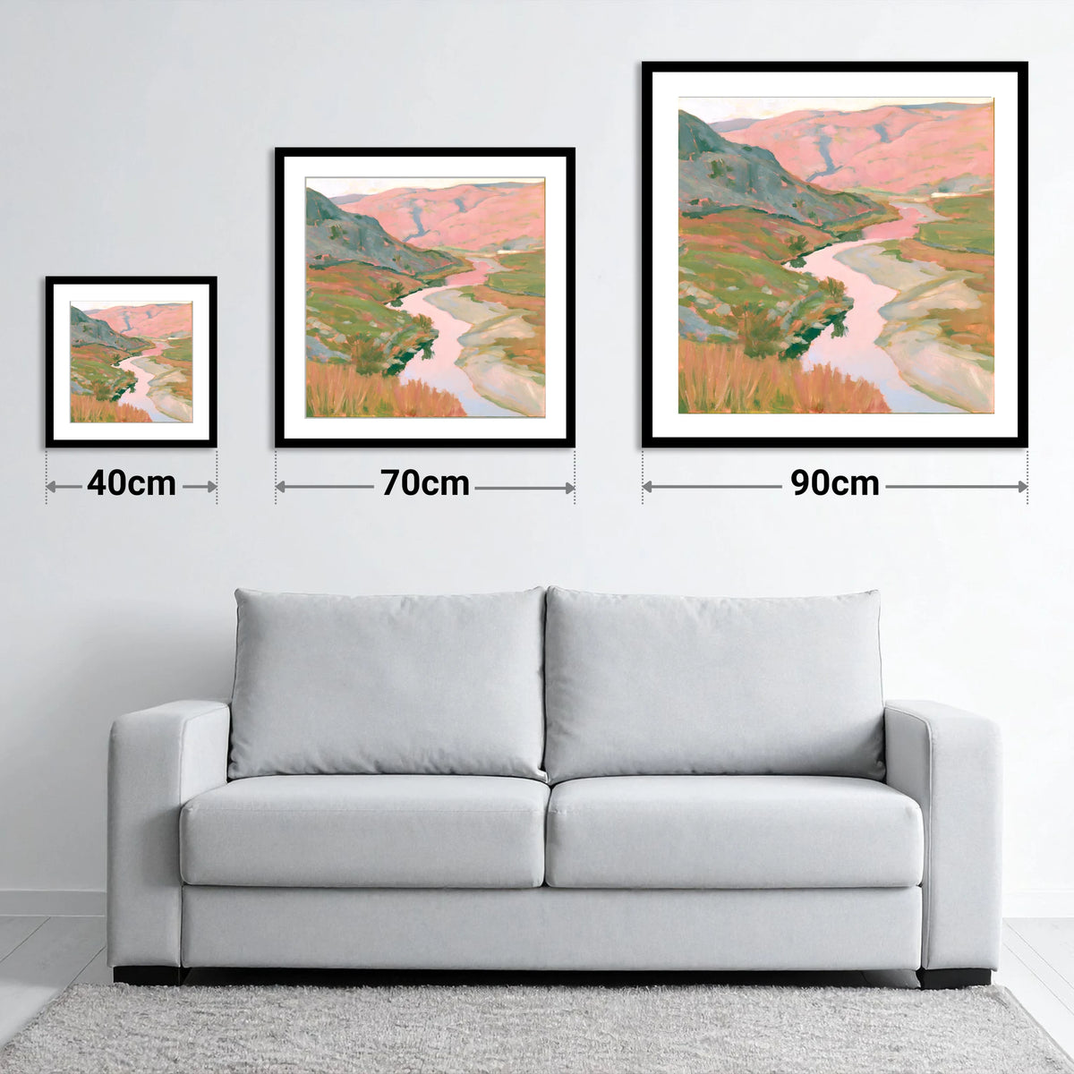 Pastel Light Over Valley River - size guide showing 40cm, 70cm and 90cm art prints