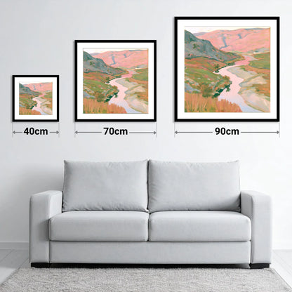 Pastel Light Over Valley River - size guide showing 40cm, 70cm and 90cm art prints