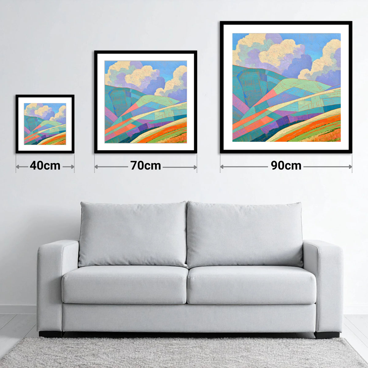 Geometric Fells Under Storm Clouds - size guide showing 40cm, 70cm and 90cm art prints