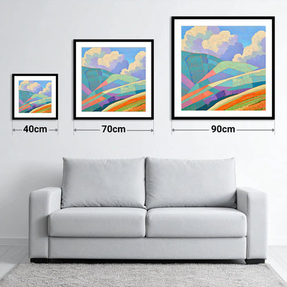 Geometric Fells Under Storm Clouds - size guide showing 40cm, 70cm and 90cm art prints