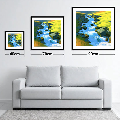 Sparkling Mountain Beck in High Summer - size guide showing 40cm, 70cm and 90cm art prints
